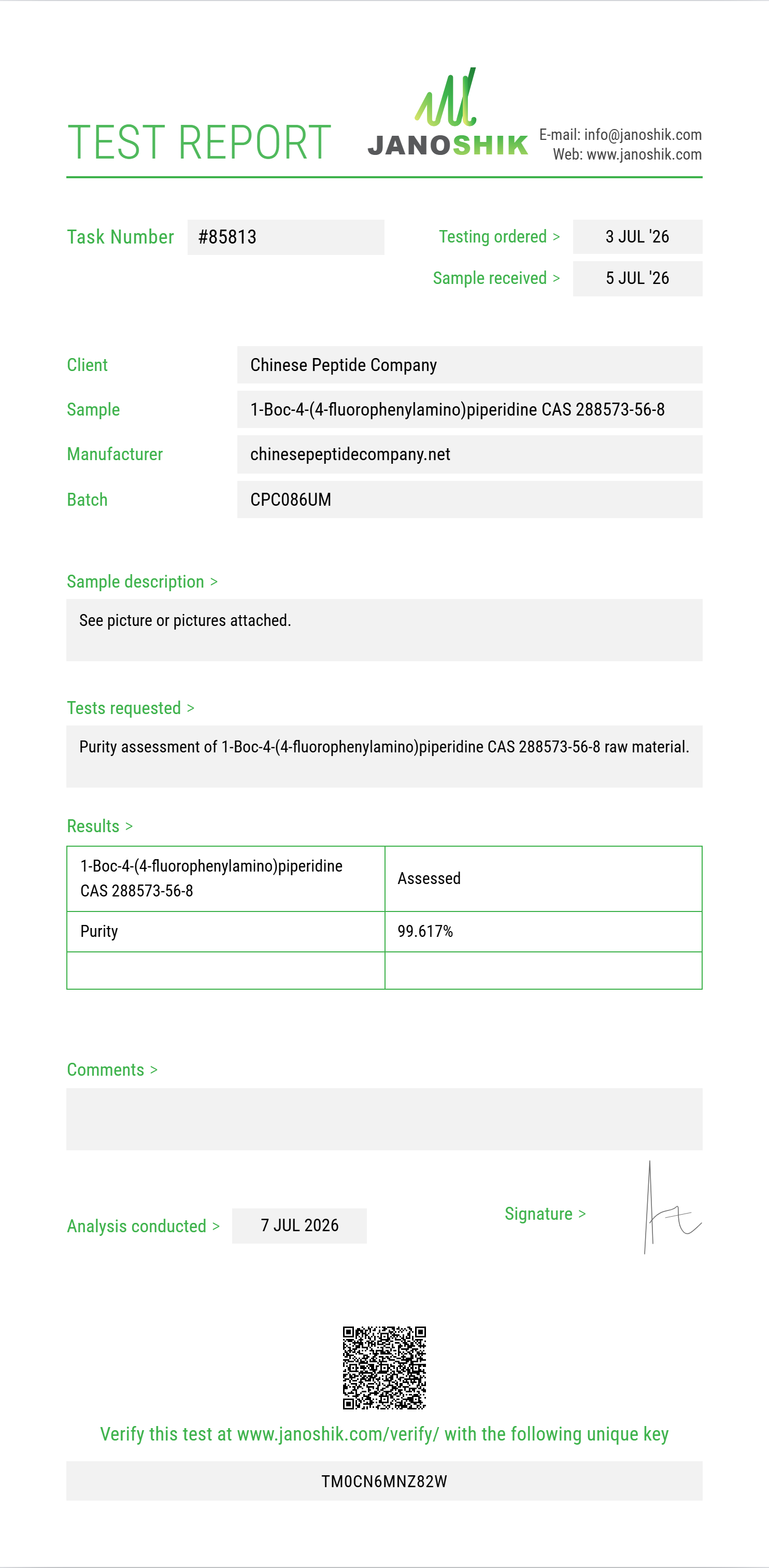 1-Boc-4-(4-fluorophenylamino)piperidine CAS 288573-56-8 Purity (HPLC) report by Janoshik Analytical