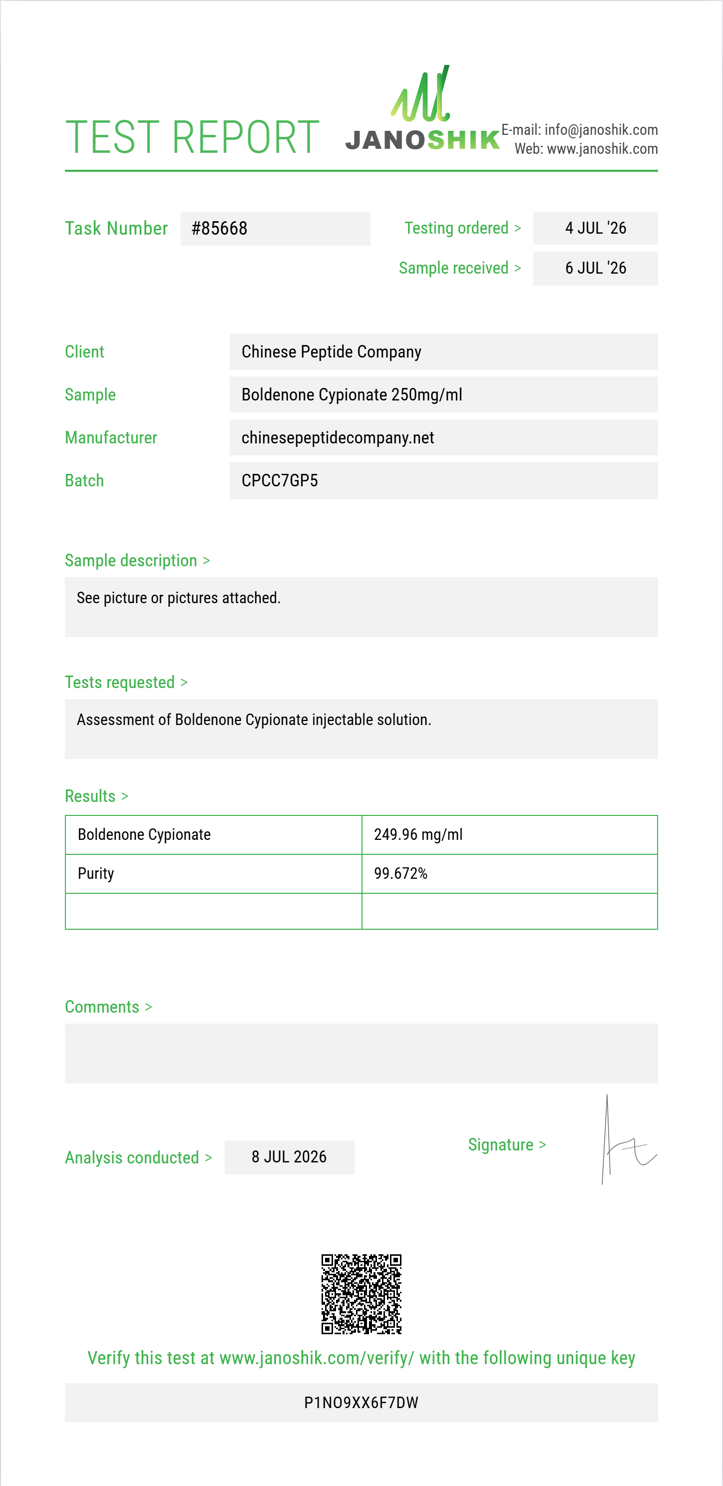 Boldenone Cypionate Purity (HPLC) report by Janoshik Analytical