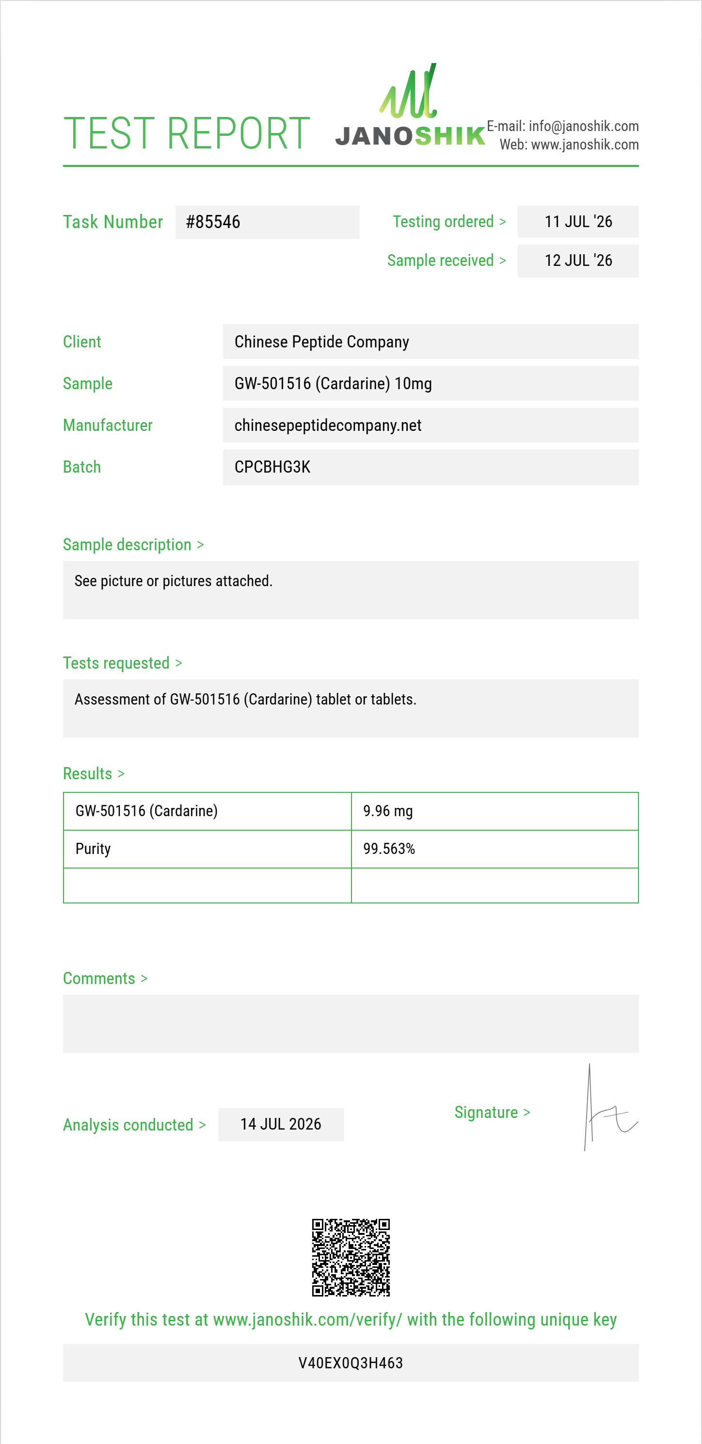 GW-501516 (Cardarine) Purity (HPLC) report by Janoshik Analytical