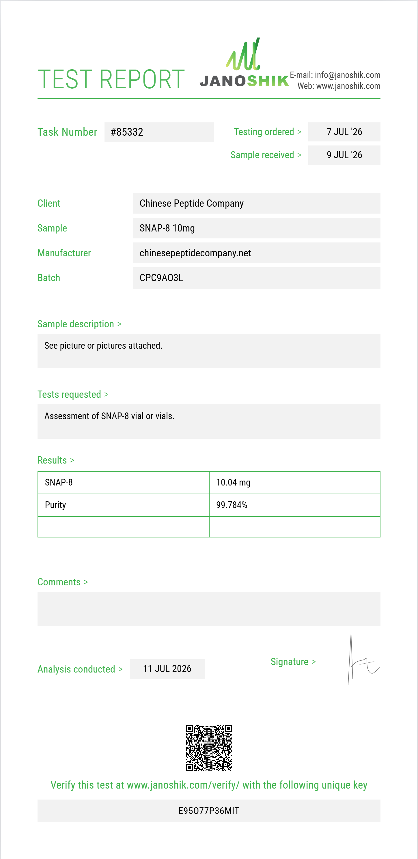 SNAP-8 Purity (HPLC) report by Janoshik Analytical