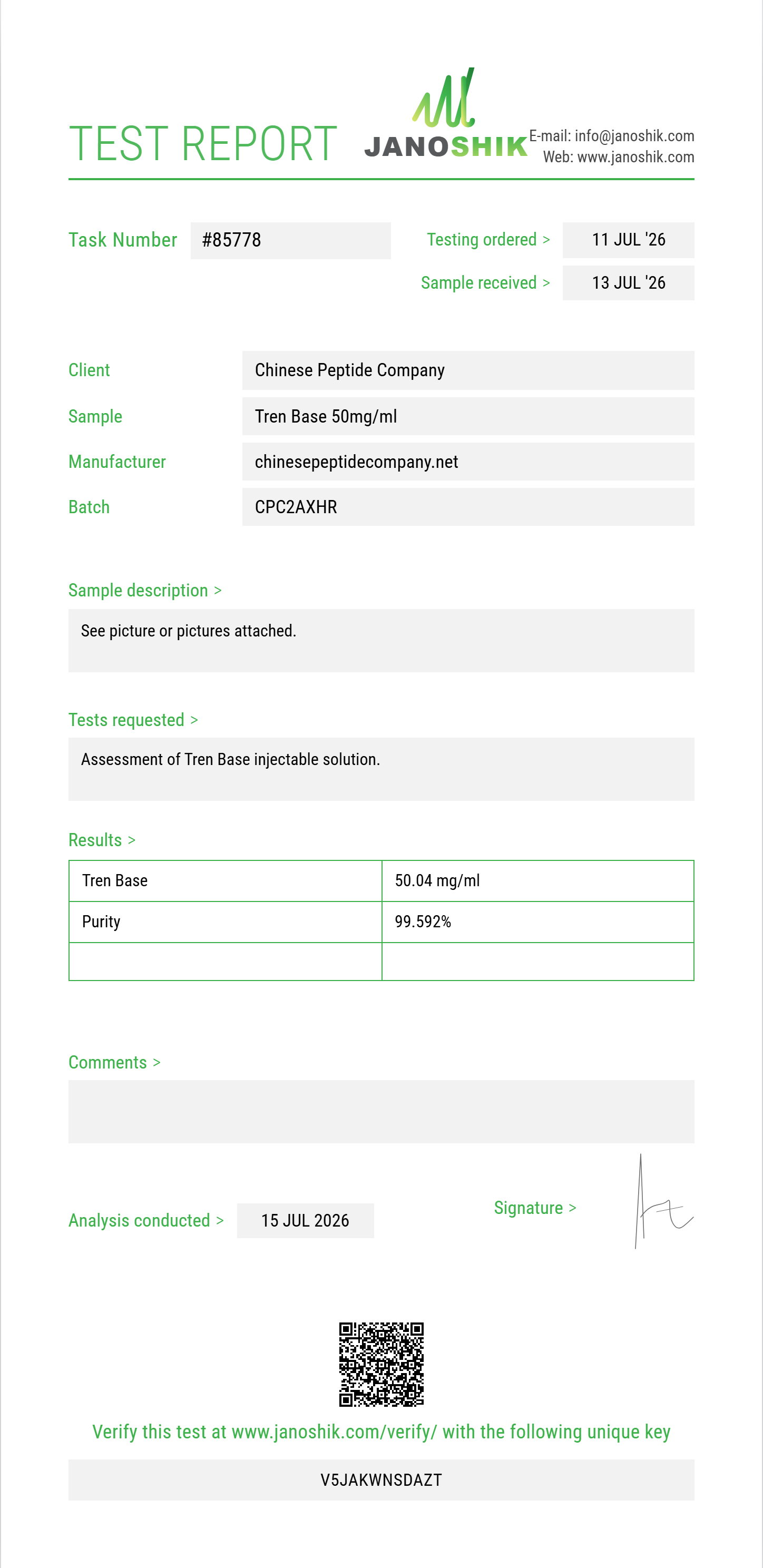 Tren Base Purity (HPLC) report by Janoshik Analytical