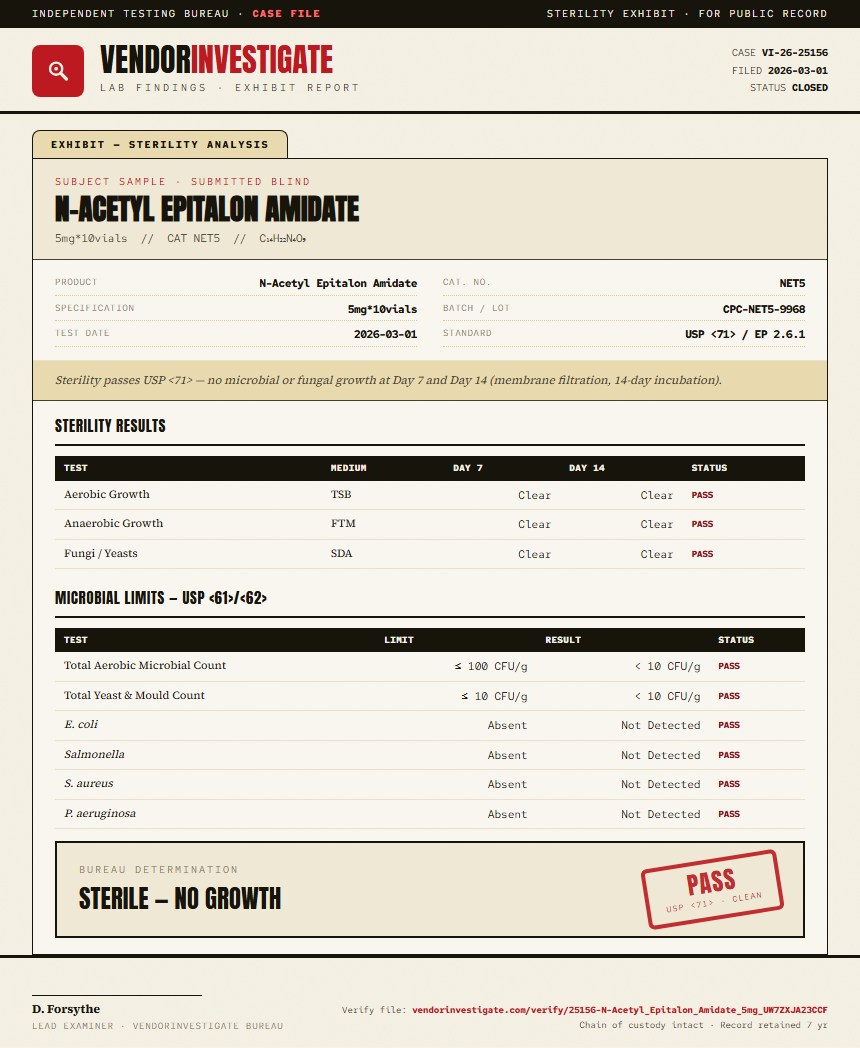 N-Acetyl Epitalon Amidate Sterility report by VendorInvestigate