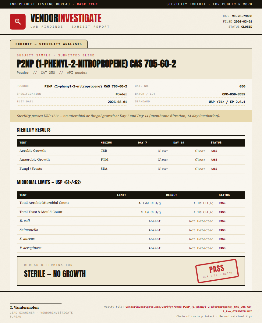 P2NP (1-phenyl-2-nitropropene) CAS 705-60-2 Sterility report by VendorInvestigate